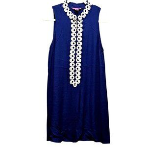 Lilly Pulitzer Womens Sleeveless Navy Blue Dress With Embroidered Gold Neckline